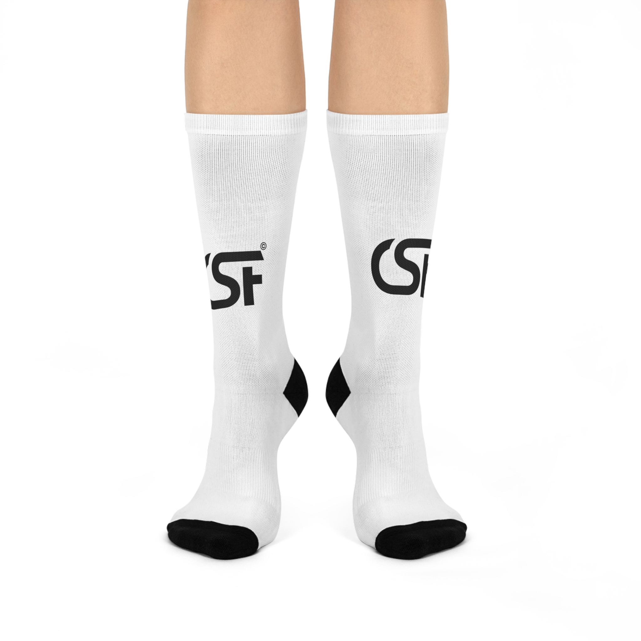 Cushioned Crew Socks — White Athletic Crew Socks with Black Toe & Heel, Subtle Side Logo