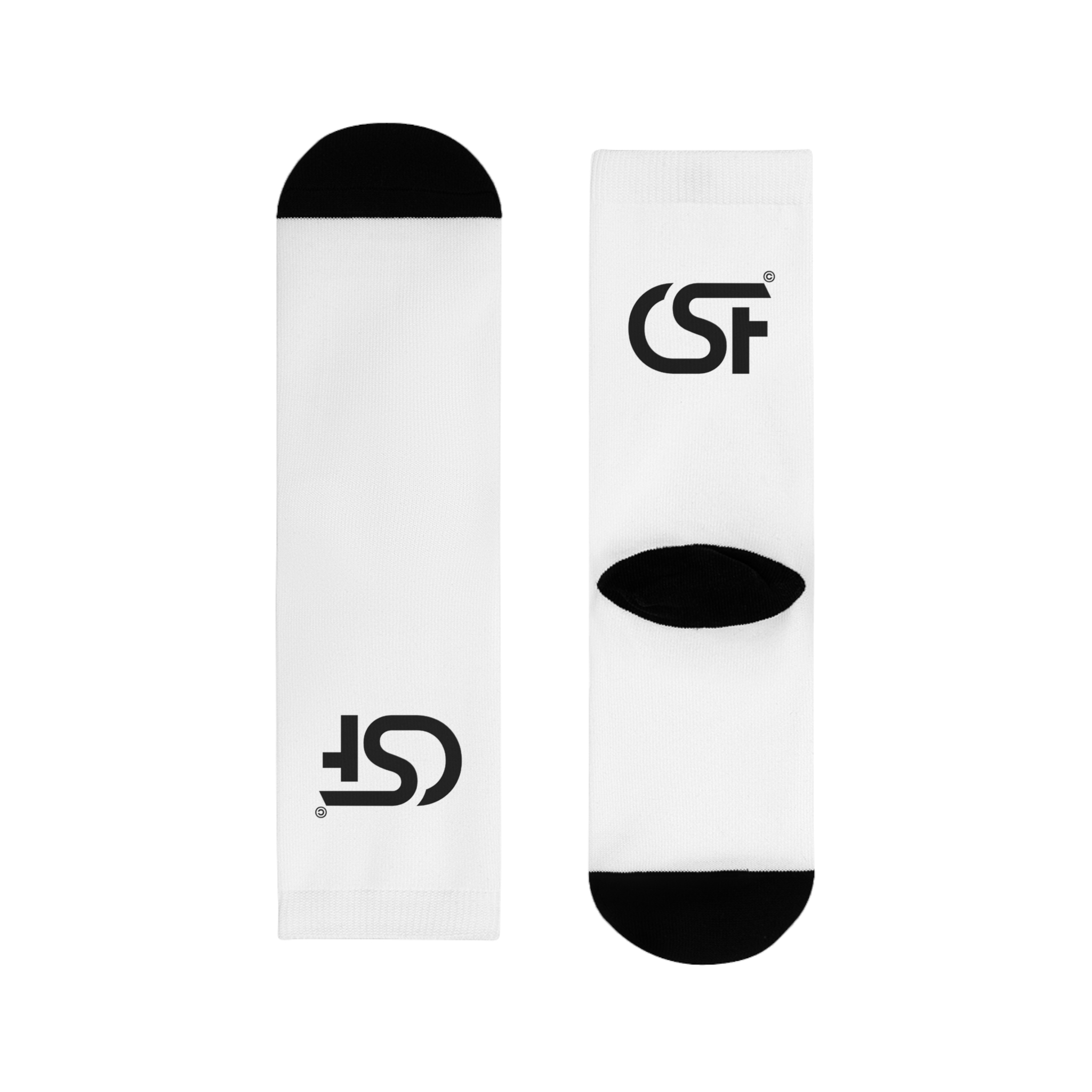Sublimation Crew Socks – Customizable White Crew Socks with Black Heel & Toe