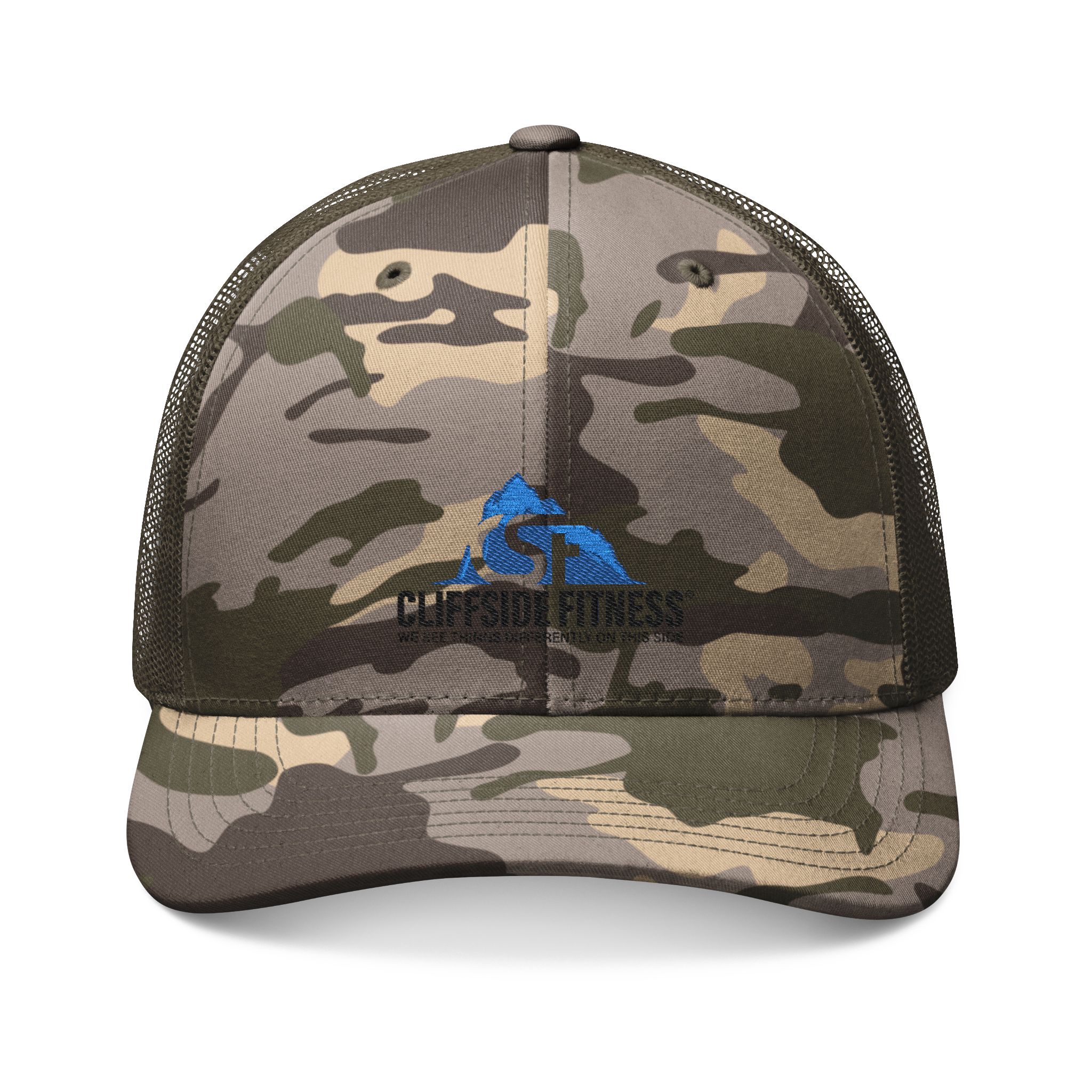 Camo Trucker Hat — Embroidered Blue Fish Logo