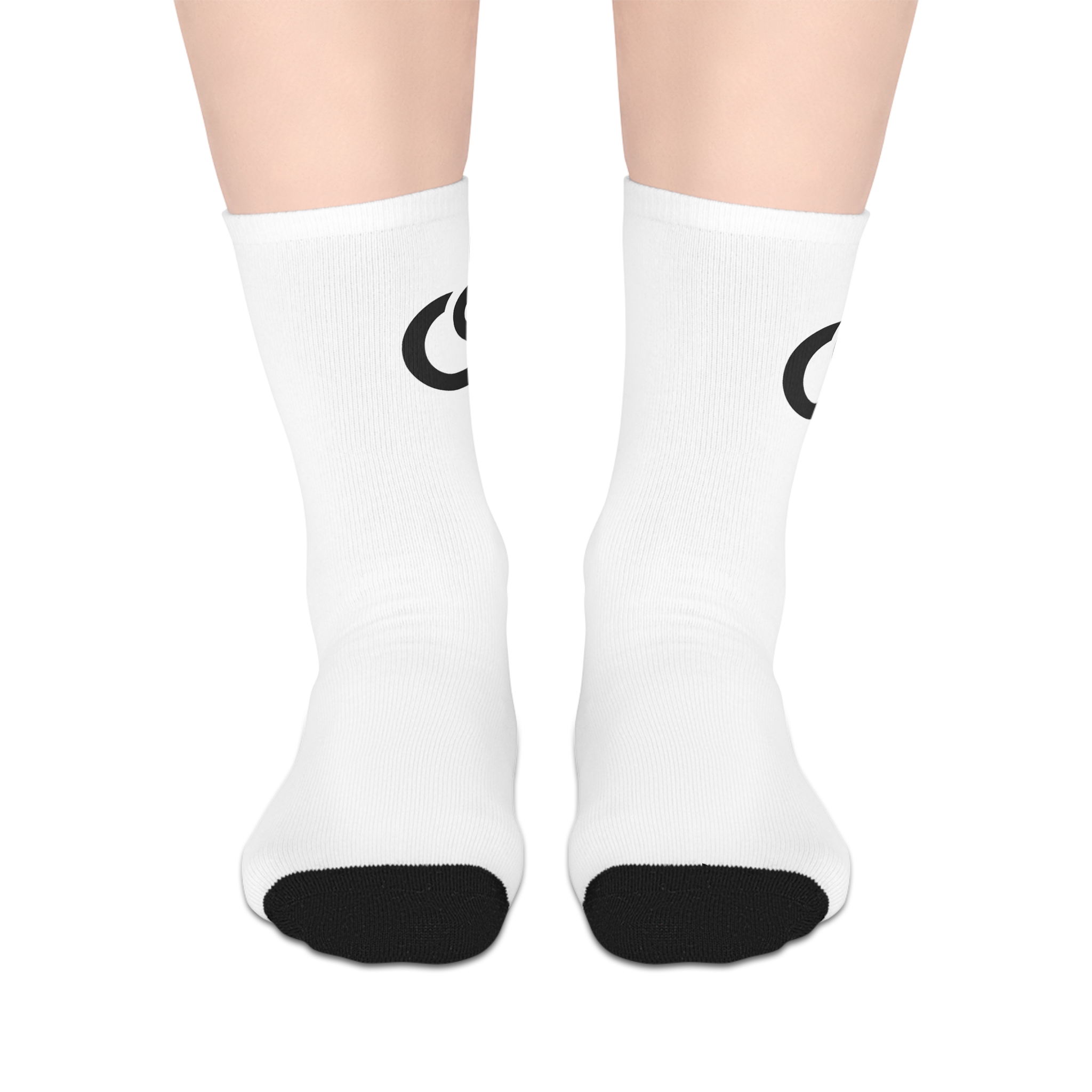 White Mid‑Calf Socks with Minimal Black Logo — Athletic Casual Crew Socks