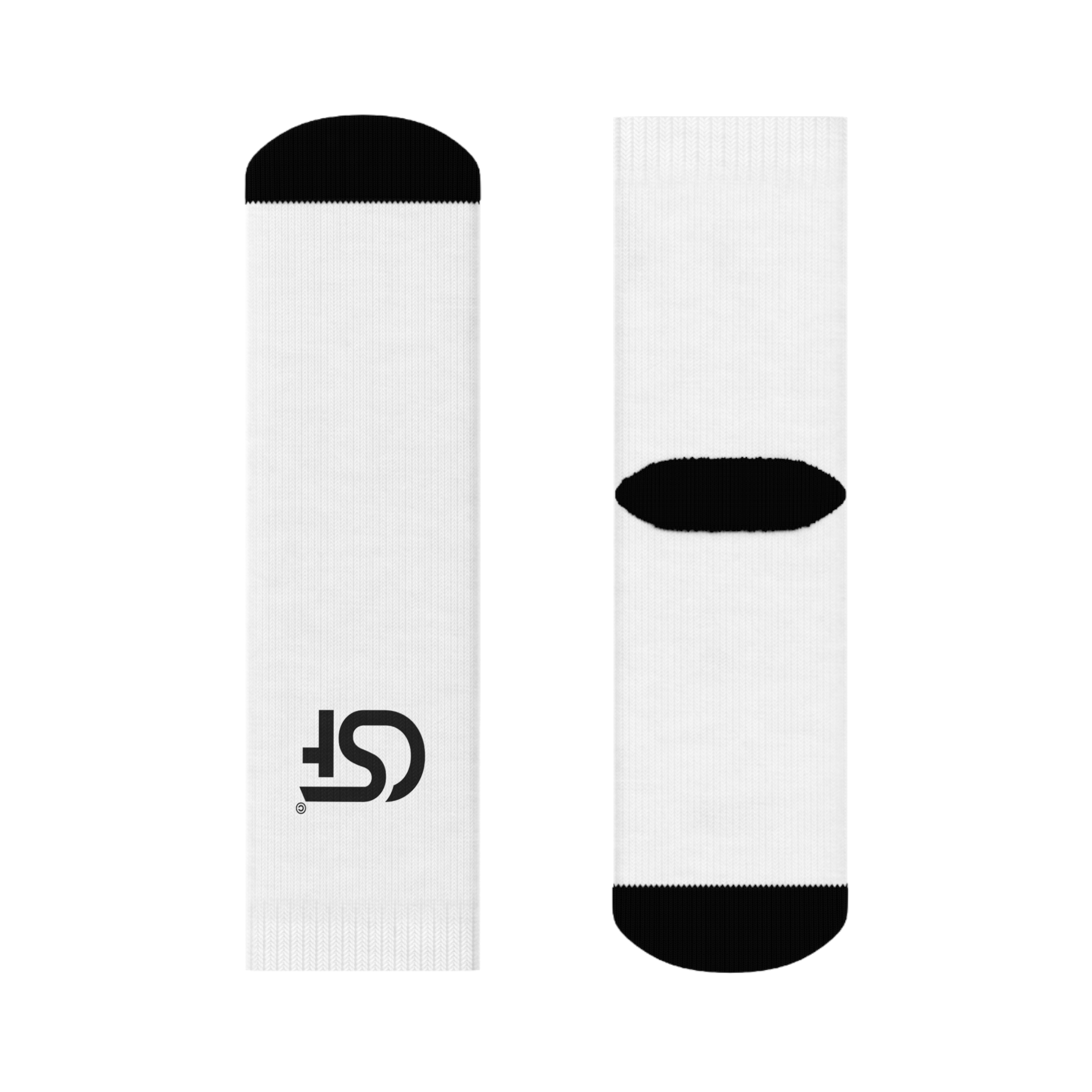 Minimalist White Crew Socks with Black Heel & Toe — Subtle Logo Accent