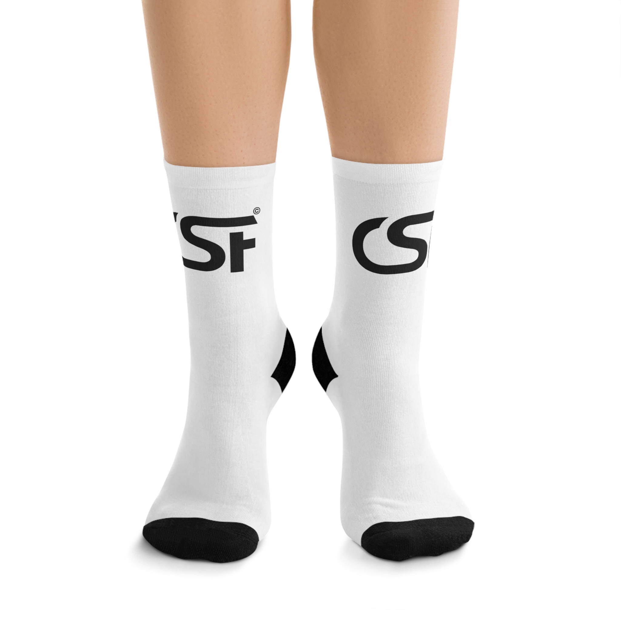 Recycled Poly Crew Socks — Eco-Friendly White Socks with Bold Black Logo
