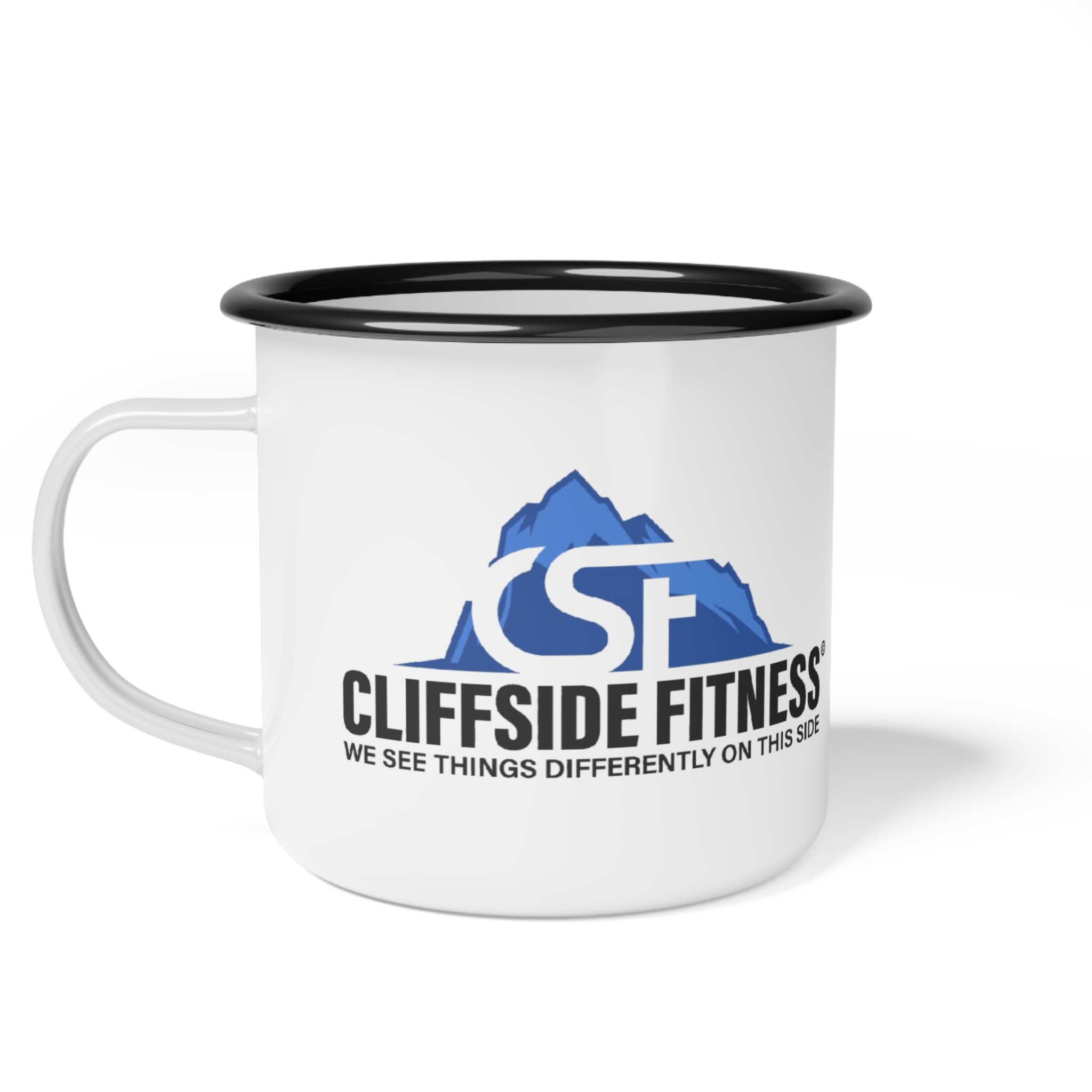Cliffside Fitness Enamel Camp Cup — Mountain Logo Coffee Mug (We See Things Differently on This Side)